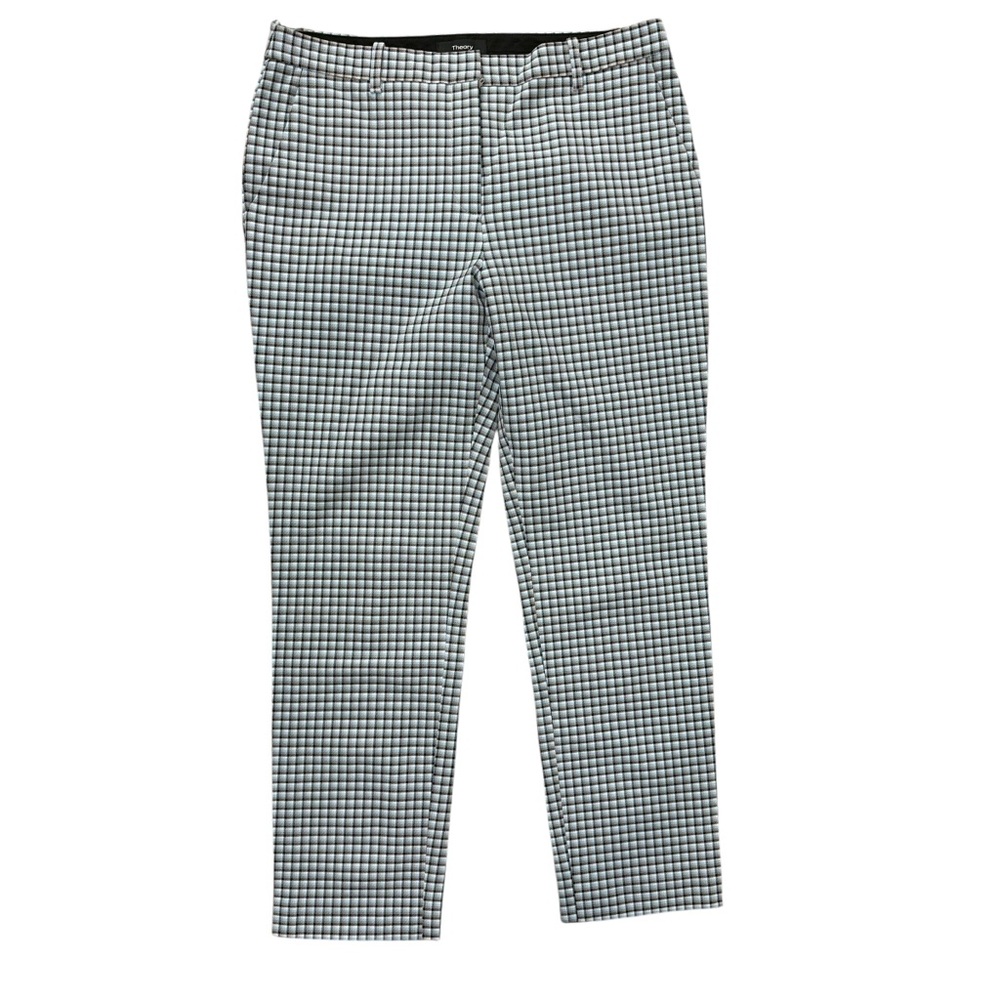 Theory Treeca Slim Cropped Pants in a blue/white gingham check pattern.